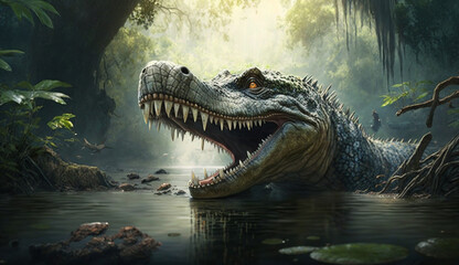 Fototapeta premium Dinosaur roars fiercely in the prehistoric landscape ,generative AI