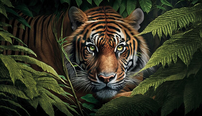 Fototapeta na wymiar Bengal tiger staring in tropical rainforest beauty ,generative AI