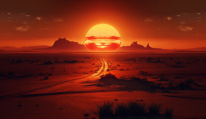 Sunset over Monument Valley, silhouettes majestically eroded sandstone ,generative AI