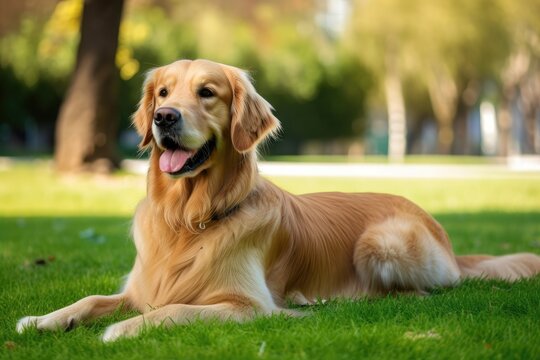 A Golden Retriever dog relaxes on the grass in the park. Generative AI