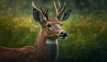 Majestic stag grazing in green forest meadow ,generative AI
