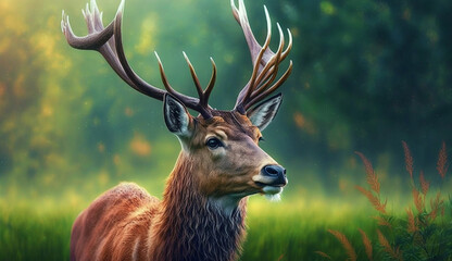 Majestic stag grazing peacefully in lush green meadow ,generative AI