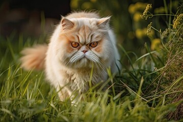Naklejka na ściany i meble Persian cat strolling through the grass. Generative AI