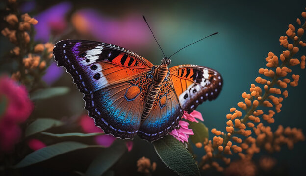 Multi colored butterfly beauty in close up macro photography ,generative AI