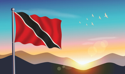 Trinidad and Tobago flag with mountains and morning sun in background