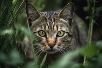 Naklejka na ściany i meble A household cat was hiding in the grass. Generative AI