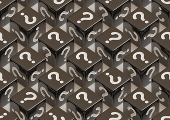 Black dice with question marks on their faces. Isometric background. Seamless pattern. 3d illustration.
