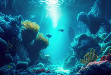 Naklejka na ściany i meble Deep sea and aquatic life with sunshine background. Digital art illustration. Marine life and undersea concept. Generative AI