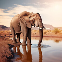 beautiful African elephant drinking water in a river, Generative Ai