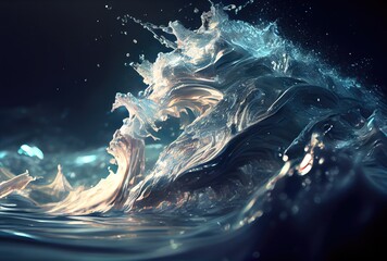 Huge blue ocean waves crashing at sunset during large swell in heavy storm wallpaper background. Seascape and disaster of nature concept. Digital art illustration. Generative AI