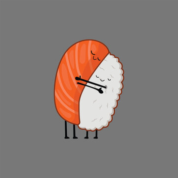 Sushi Hug Romantic Couple Japanese Food Vector