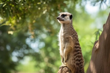 Fototapeta premium lone Suricata Suricatta Meerkat standing on a tree and gazing upward in a verdant environment. Generative AI