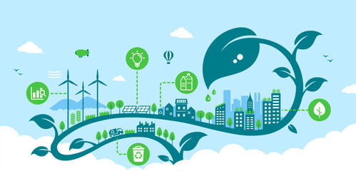 Green eco city vector banner illustration ( SDGs, ecology concept , nature conservation )