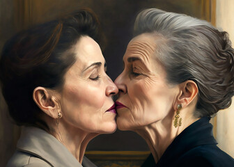 Senior lesbian women kissing. Generative ai
