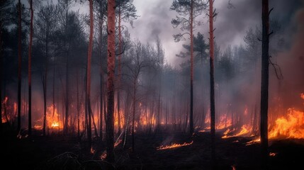 Forest fire with trees on fire. Generative AI	