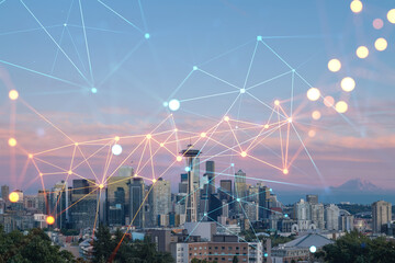 Seattle skyline panorama from Kerry Park. Skyscrapers of financial downtown at sunset, Washington, USA. Social media hologram. Concept of networking and establishing new people connections