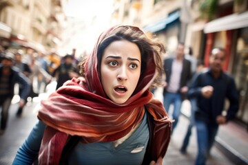 young woman wearing a hijab running in the street of a Middle Eastern  city. Generative A - obrazy, fototapety, plakaty