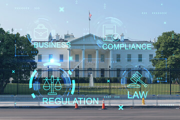 Obraz na płótnie Canvas The White House on sunny day, Washington DC, USA. Executive branch. President administration. Glowing hologram legal icons. The concept of law, order, regulations and digital justice