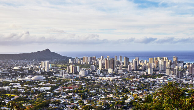 Skyline View of Waikiki, Oahu, Hawaii with Diamond Head Crater in the Background
