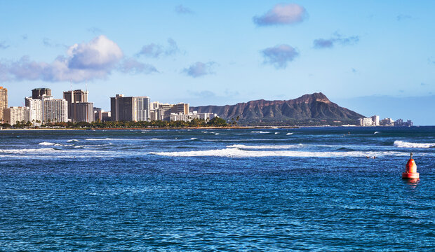 Coastline View of Waikiki, Oahu, Hawaii and Diamond Head Crater