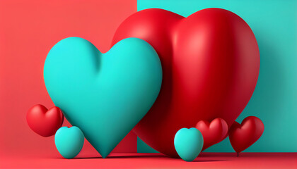 3D red and turquoise balloon isolated on red background, valentine background with copy space, Generative AI