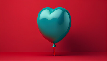 Fototapeta na wymiar 3D teal balloon isolated on red background, valentine background with copy space, Generative AI
