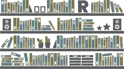 大きな本棚にたくさん並んだ本｜ヴィンテージ風