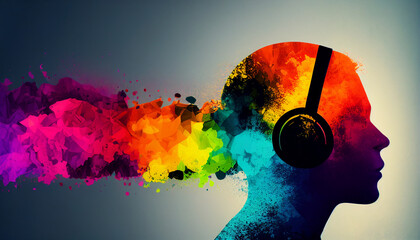 illustration of head listening to music in an explosion of color created with generative AI technology	