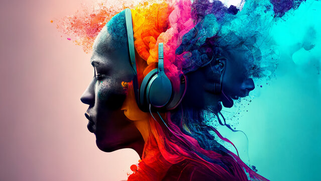 human head listening to music in an explosion of color created with generative AI technology	