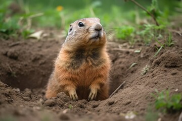 Naklejka na ściany i meble In the yard, there is a prairie dog. In the field, there was a wild rodent. Generative AI