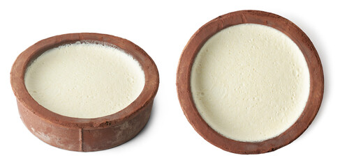 set of homemade curd in clay pot or container, thick yogurt or milk product in earthen clay pot or...