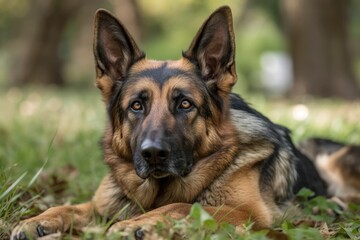 Fototapeta premium German shepherd taking a break on the grass. Generative AI