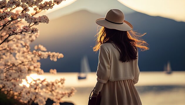 carefree traveller woman casual cloth walking look at the wonderful stunning attraction famous view of the fuji mountain with lake and sakura tree foreground, image ai generate