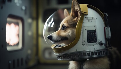 active cute dog flying into space with an astronaut costume and helmet in spacecraft control room ,image ai generate