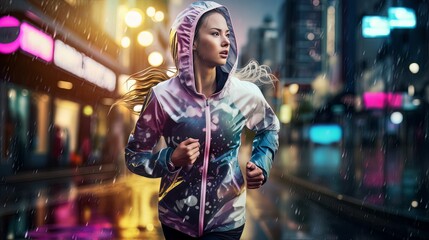 Obraz premium sport active female woman in running jacket cloth run in the urban city downtown on street with traffic light advertising neon billboard concentrate workout at night , image ai generate
