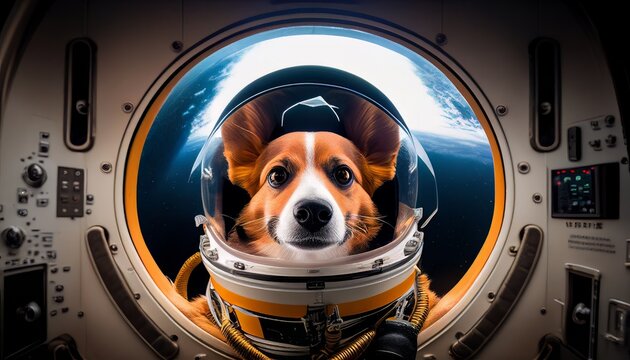 active cute dog flying into space with an astronaut costume and helmet in spacecraft control room ,image ai generate