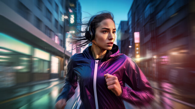 sport active female woman in running jacket cloth run in the urban city downtown on street with traffic light advertising neon billboard concentrate workout at night , image ai generate