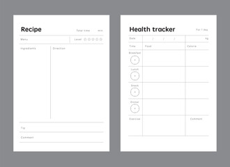 Healthtracker and Recipe memo list. Minimalist planner template set. Vector illustration.