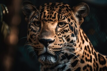 Fototapeta na wymiar A close up of a leopard predator with a thick mustache. Generative AI