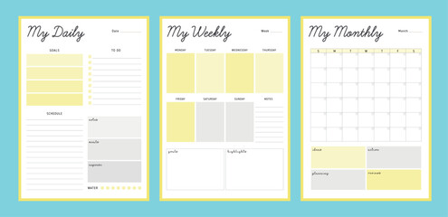 (Summer) 3 set of Daily weekly monthly planner. Minimalist planner template set. Vector illustration.