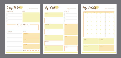 3 set of Daily, Weekly, monthly planner.  Minimalist planner template set. Vector illustration.