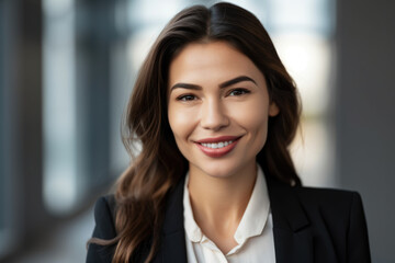 Fototapeta premium Attractive business woman smiling and looking directly at the camera in front of a minimalist background, generative ai