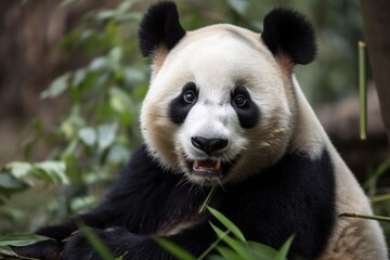 Obraz premium Panda eating bamboo and sitting. Generative AI