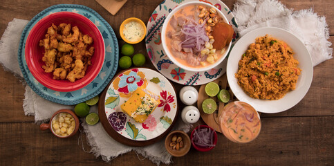 Peruvian food buffet table Assorted dishes gourmet cuisine Peru traditional 