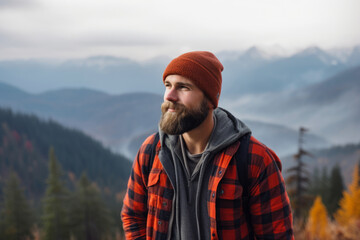 Fototapeta na wymiar Backcountry adventurer Portrait of a man wearing a knit beanie and flannel shirt standing in front of a rugged mountain range, generative ai