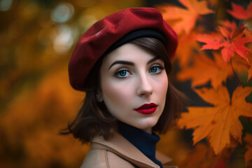 Autumn Fashion Portrait of a Woman in a Red Beret and Trench Coat Against Fall Foliage, generative ai