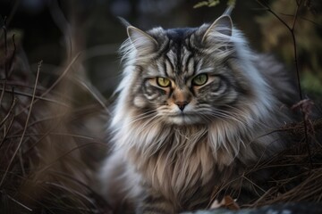 Naklejka na ściany i meble a livestock cat with long fur. Siberian breed, calm, hypoallergenic cat. Generative AI