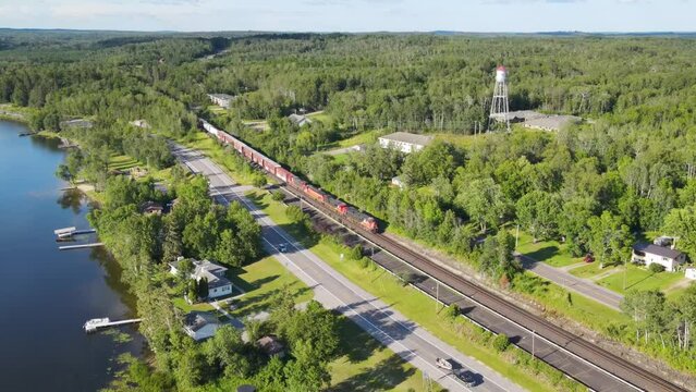 Flying over a freight train as it passes through the town of Orr in Northern Minnesota.