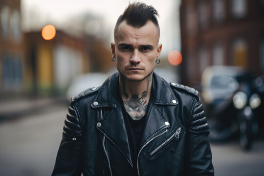 Badass Biker portrait of a man with a mohawk and a black leather jacket, standing next to a vintage motorcycle with a fierce and intimidating expression, generative ai