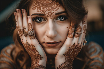 Captivating close-up portrait of a woman with striking eyes and intricate henna designs on her hands, generative ai